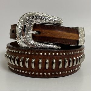 Nocona Genuine Leather Studded Belt Bright Shiny Silver Buckle 1 1/2” Men’s 30